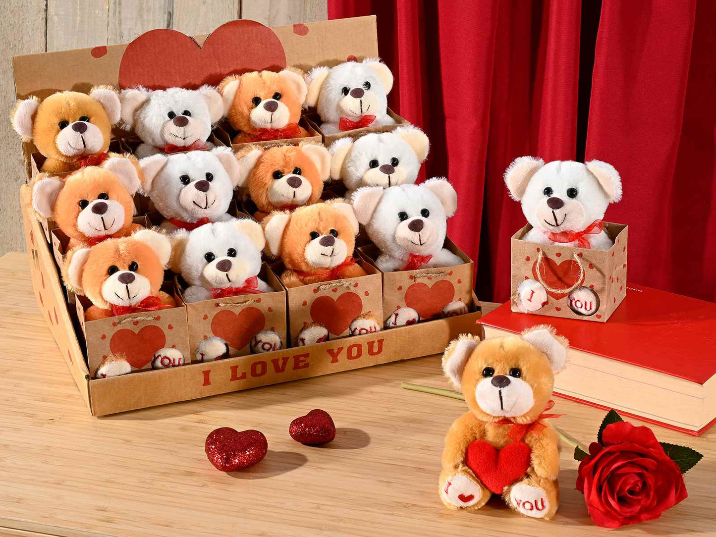 Orsetto I love You in peluche con cuore in borsetta di carta